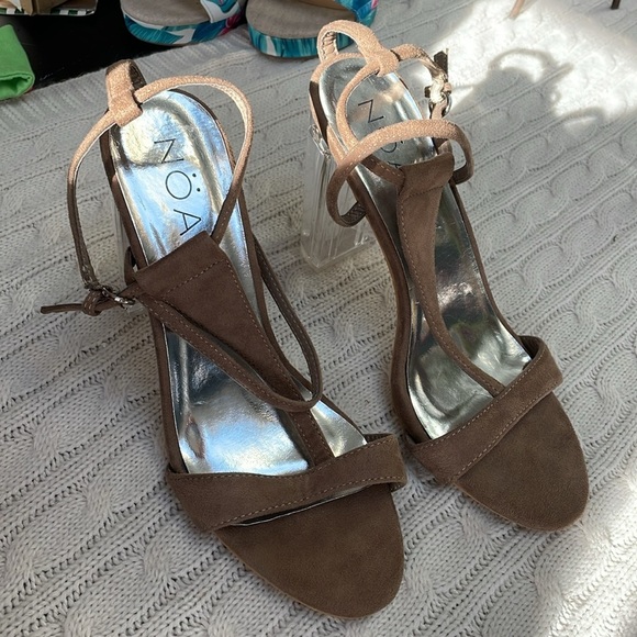 NOA Shoes - Women’s NOA 10 faux suede strappy clear plastic/lucite chunky 4.25” heels